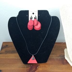 Boho Orange Wood Triangle with Starfish Cord 16" Necklace & 3 tier wood Earrings